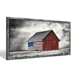 Barn Wall Art Wood Picture: Large Farmhouse Country American Flag Framed Painting Decor Black White Rustic Farm Countryside Landscape Artwork Panoramic Horizontal Rural Nature Scene Print for Living Room Bedroom