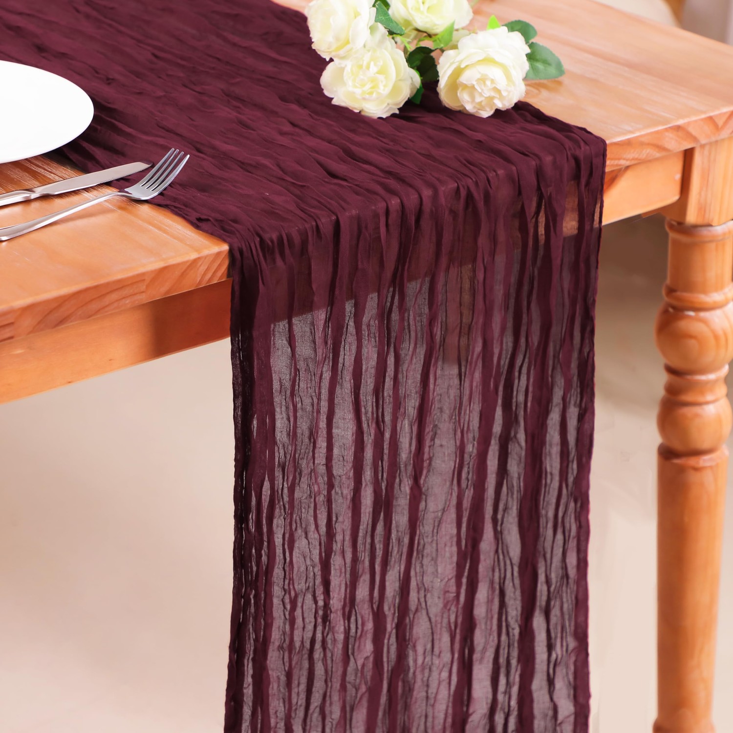 Snowkingdom 13Ft Burgundy Cheesecloth Table Runner, 160 inch Long Red ...