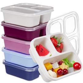 Honeydak 5 Pack Snack Containers 3 Compartment Bento Snack Boxes Divided Meal Prep Containers with Lids Reusable Adults Lunch Food Storage Box for School Work Travel(Elderberry)