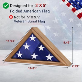 DecoWoodo Flag Box Display Case for 3'x5' Folded American Flag (Not for Burial Flag) - Solid Wood Military Veteran Flag Shadow Box with HD Tempered Glass, Wall Mounted Triangle Flag Frame, Walnut