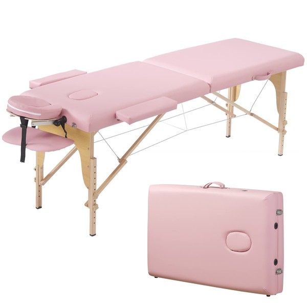 Prilinex Portable Folding Massage Table - 2 Sections Massage Bed Spa Table with Carrying Bag, Face Cradle, Armrest & Hand Pallet - Easy Set Up, Lightweight, Height Adjustable 24" to 33" Pink