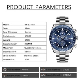 BENYAR Classic Fashion Quartz Chronograph Watch Casual Sport 30M Waterproof Leather Band Mens Watches (Blue)