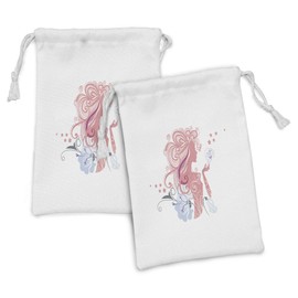 Lunarable Retro Fabric Pouch Set of 2, Silhouette of Lady and Flowers Muse of Nature Fashion Glamour Image Print, Small Drawstring Bag for Toiletries Masks and Favors, 9" x 6", Lavender and Coral