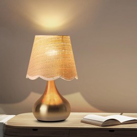 Small Table Lamp - Brass Gold Mini Table Lamps for Bedroom Vintage Decor Bedside Lamps for Night Stands Scalloped Rattan Shade Desk Lamp for Kids Room, Living Room, College Dorm, Home, Kitchen