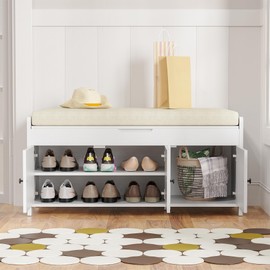 ROOMTEC 43.5" Shoe Storage Bench for Entryway, Bench with Shoe Storage, Storage Bench with Cushion and Hidden Storage, Shoe Bench with Storage for Entryway, Hallway, Mudroom and Living Room, White