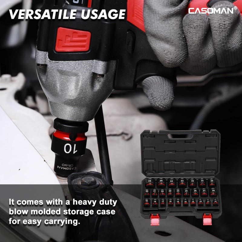 CASOMAN 26-Piece 1/2" Drive Standard Impact Socket Set, 12-Point, Metric,