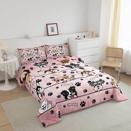 Manfei Cute Dog Twin Size Comforter Set,Cartoon Puppy Pet Animals Quilt Set Soft Bed Collection,Black Paw Bone Print Pink Bedding Comforter for Boys Girls Room Decor,2 Pcs