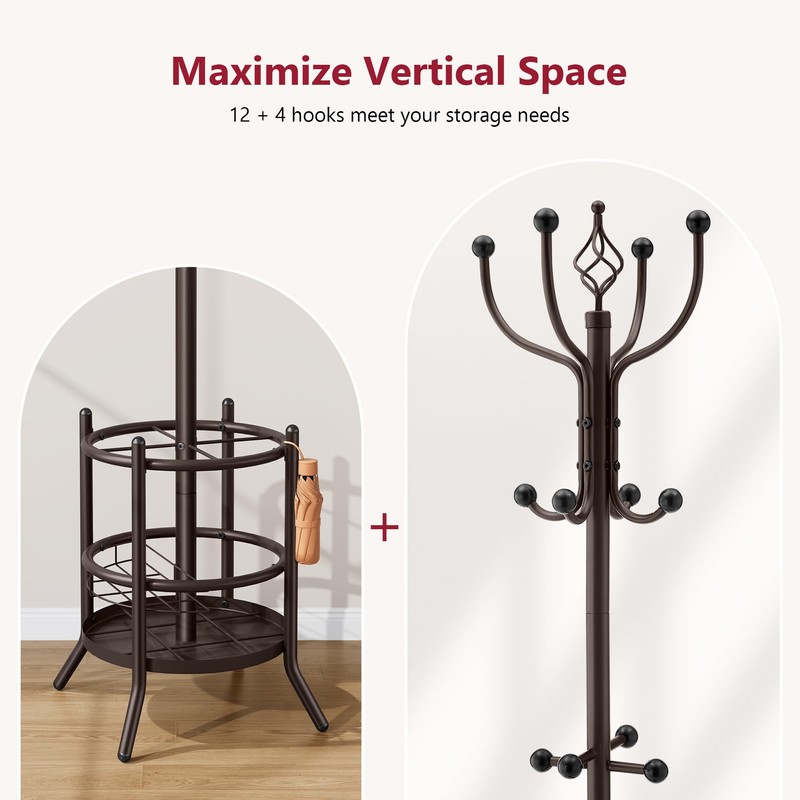 Tajsoon Coat Rack Stand with Umbrella Holder, Coat Tree Freestanding