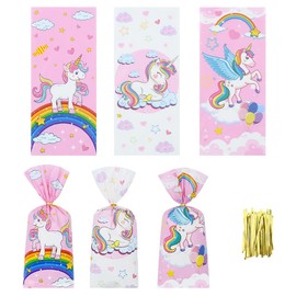 Pink Cellophane Treat Bags with Twist Ties,100 PCS Unicorn Party Favor Gift Bags Baby Shower Rainbow Candy Goodie Bags Plastic Treat Bags Kindergarten School Party Favor Bag for Birthday Wedding