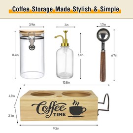 EQEY Coffee Container with Syrup Dispenser and Shelf & Spoon,40oz Air tight Glass Storage Jars and 16.9oz Glass Syrup Bottle,Coffee Bar Accessories for Kitchen Organization(1 Jar 1 Dispenser)