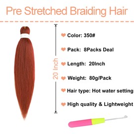 Mscat 20 Inch 8 Packs Pre Stretched Braiding Hair Copper Red Pre Stretched Braiding Professional Synthetic Prestretched Crochet Braids Hair Extension Hot Water Setting Yaki Texture (350#)