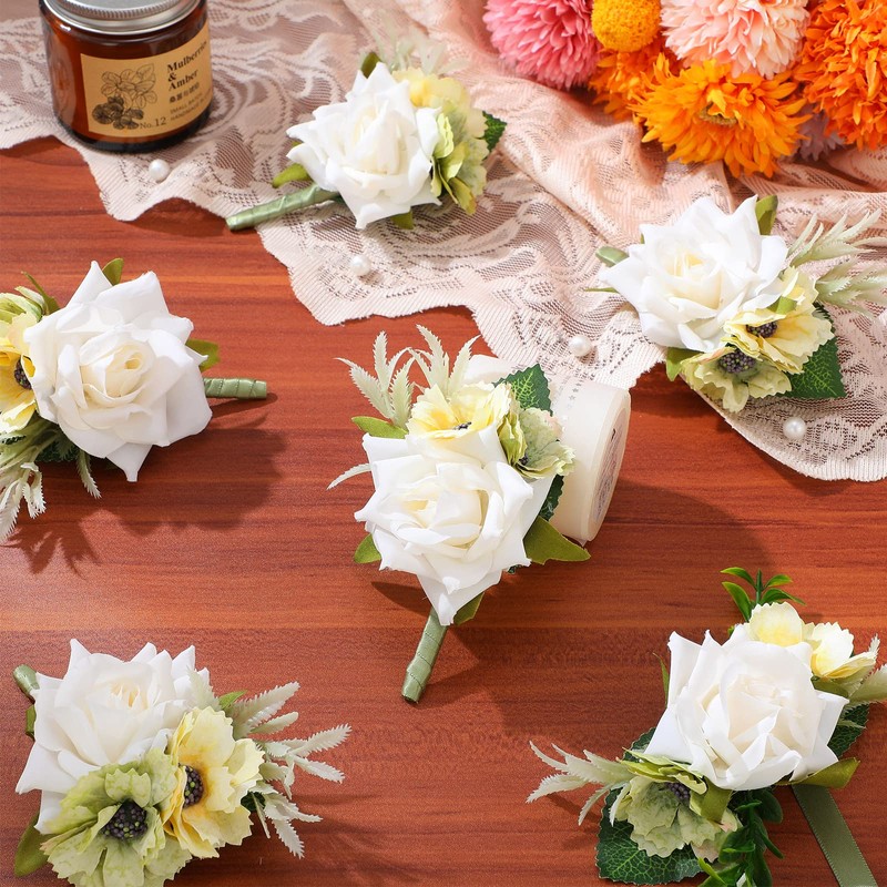 12 Pcs Corsage and Boutonniere Set with Pins for Wedding,White