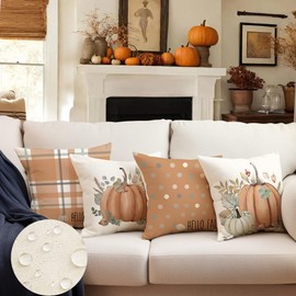 RABUSOFA Fall Outdoor Pillows Waterproof,Fall Pillow Covers 18x18 Set of 4,Hello Pumpkin Hello Fall Pillows Decorative Throw Pillows,Polka Dot Autumn Thanksgiving Eucalyptus Cushion Covers Orange
