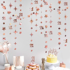 Rose Gold Number 21 Circle Dot Twinkle Star Streamer Set, Metallic Hanging Background Decoration for Girls 21st Birthday, Finally Legal, Twenty First Anniversary, Wedding Accessories