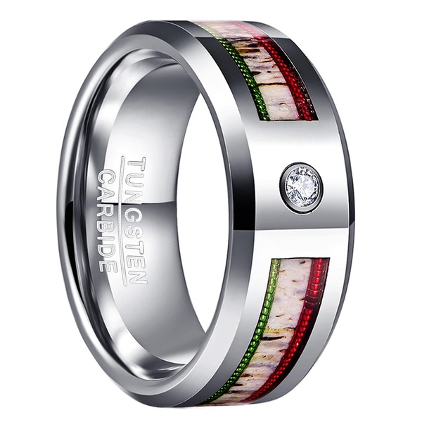 CHALAIR Silver Wedding Band with Antler and Green/Red Guitar String