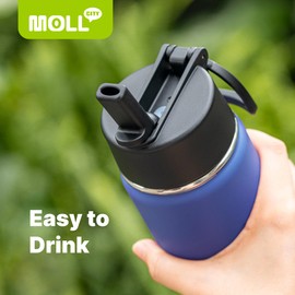 Mollcity - Botella de agua aislada para niños con pajita, botella de agua de doble pared de acero inoxidable de 16 onzas, botella de agua de boca ancha para la escuela, botella de agua de viaje de