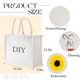 Shappy 10 Pack Burlap Tote Bag Set, Reusable Blank Jute Burlap Grocery Bag with Handle for Bridesmaid Gift Shopping DIY (White)