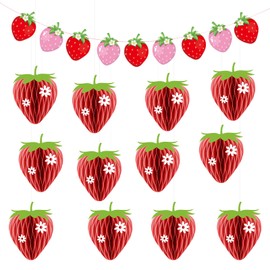 SKTMH 13PCS Strawberry Party Decorations Honeycomb Balls Strawberry Banner Berry First Birthday Hanging Decor Table Centerpieces