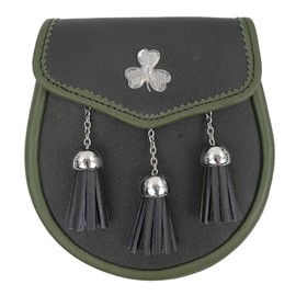 The Scotland Kilt Company Shamrock Emblem Sporran in Black Leather with Dark Green Trim - Traditional Scottish Highland Waist Pack