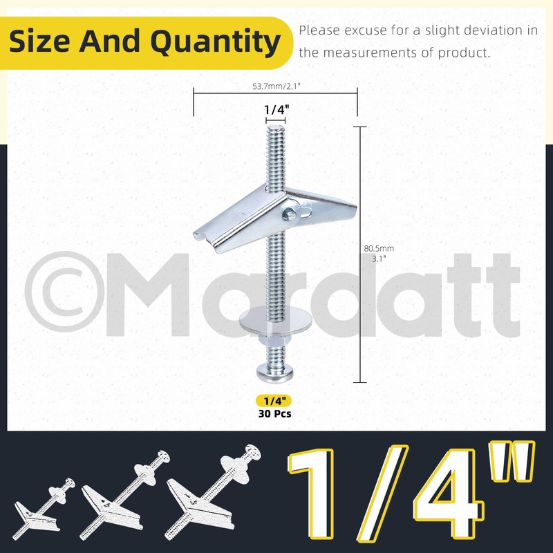 Mardatt 30 Sets 1/4" Toggle Bolts and Wing Nuts, Metal
