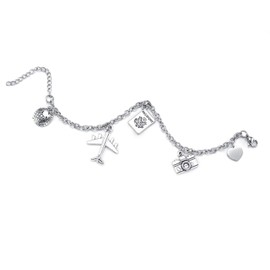 PiercingJak Travel Gifts Bracelet Passport Airplane Earth Heart Camera Charm Bracelets Stainless Steel Link Chain for Men Women Inspiration Jewelry for Travel Graduation Gift