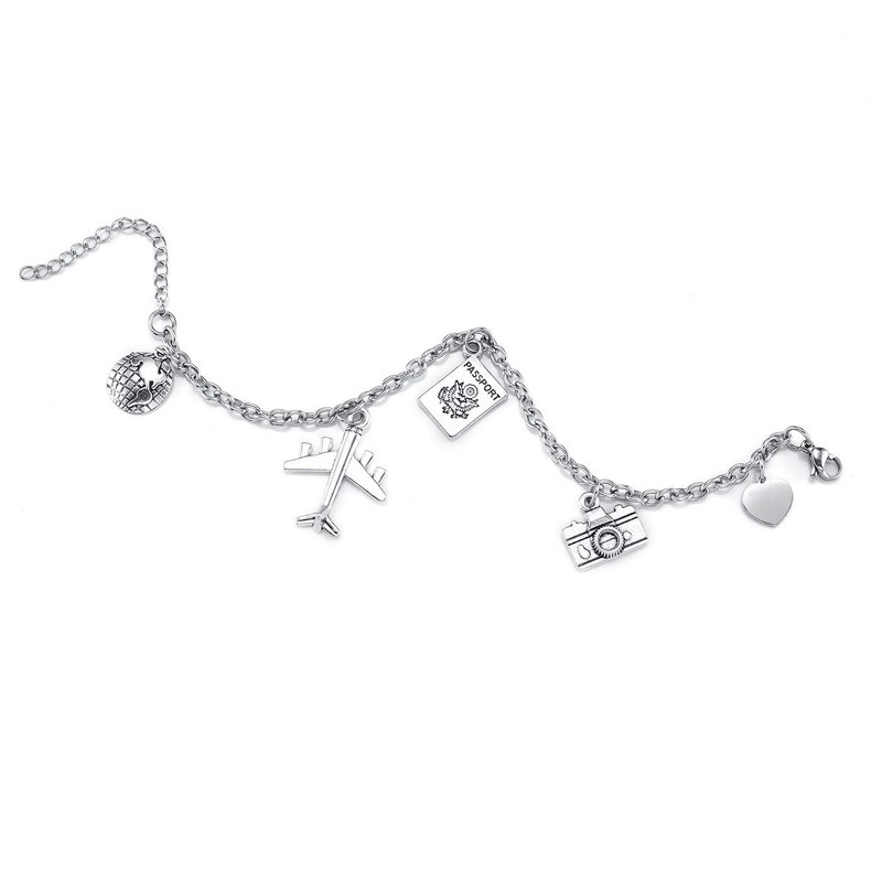 PiercingJak Travel Gifts Bracelet Passport Airplane Earth Heart Camera Charm