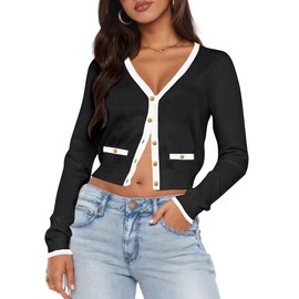 LEEDYA Womens Button Down Sweaters Open Front Short Cropped Cardigan Sweater Bolero Shrugs Crew Neck Blouse Top 2025 Black M