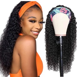 JCL Curly Headband Wig Human Hair 180% Density 20 Inch Wigs Natural Color Human Hair Wigs for Black Women Human Hair Deep Wave None Lace Front Wigs Human Hair