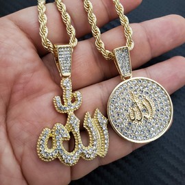 BLINGFACTORY Hip Hop Gold PT Bling Muslim Allah Pendant & 4mm 24" Rope Chain 2 Necklace Set