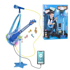 TAKIHON Guitar and Microphone Set for Kids,Guitar Toys with Music&Colorful Light,Adjustable Height Microphone with Stand,Karaoke Toys Gift for Boy,Girls,Toddlers(Blue)-Upgraded