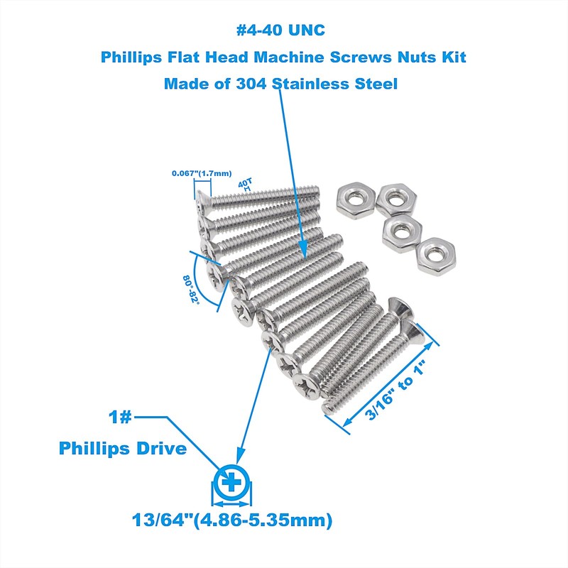HVAZI #4-40 UNC Stainless Steel Phillips Flat Head Machine Screws