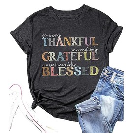 Fall Shirt for Women Thankful Grateful Blessed Vintage Letter Graphic T Shirts Casual Thanksgiving Tops Tee(Medium,TG-Dgrey01)