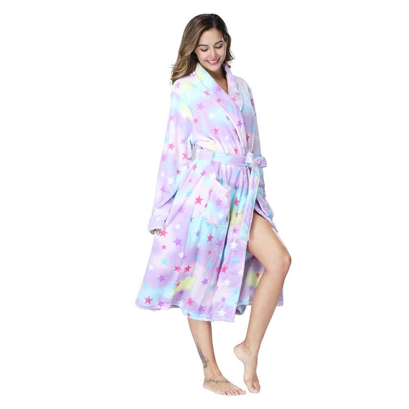 RONGTAI Womens Bathrobe Ladies Fleece Plush Warm Long Robes （X-Large,Star）