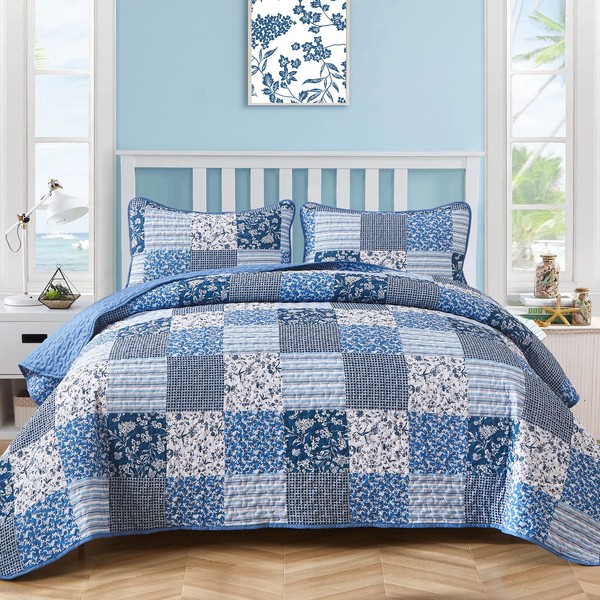 Mybedsoul Blue Boho Quilt Set Queen Size,3 Pieces Plaid Floral Bedspread Coverlet Set for All Season,Patchwork Reversible Bedding Set Queen 90"x90"