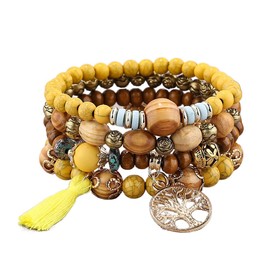 Yean Boho Bracelets Pack of 4 Wooden Beads Women's Bracelet Tassel Tree of Life Charm Statement Bangle, Wood