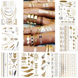 (Random Send) Waterproof Metallic Temporary Tattoos, Flash Fake Tattoo Stickers For Outdoor Body Arm Decoration Gold and Silver Color (1 Sheet)
