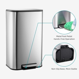 MilleLoom Bathroom Trash Can with Lid, 3.2 Gallon Stainless Steel Garbage Can with Step-On Pedal and Inner Bucket, Rectangular Trash Can for Kitchen Office Living Room Small Spaces (12 L, Silver)