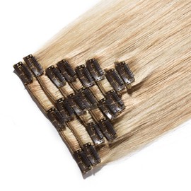22" Remy Hair Extensions Clip in Human Hair 8 Pieces 18 Clips Full Head Light Straight Hairpiece Can be Curled and Dyed (22 inch,75g,#18/613 Ash Blonde&Bleach Blonde)