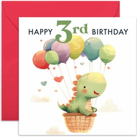 3rd Birthday Card for Boys and Girls - Cute Dinosaur Balloons - Children Kids Happy Birthday Card Age 3 Year Old Boy or Girl - Third Birthday Gifts for Him Her - Son, Daughter, Niece, Nephew