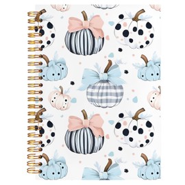 BearCake Fall Blue Pumpkins Notebook, Cute Coquette Bow Pumpkin Journal Journaling for Women Spiral Notebooks, Thanksgiving Office Supplies Gifts for Women, 5.5x8.3 Inch