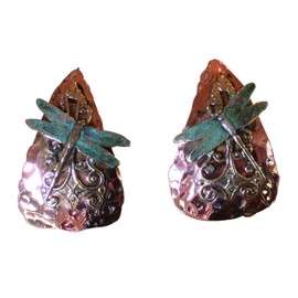 Elaine Coyne Wearable Art Forged Copper and Patina Brass Neo-Victorian Dragonfly on Filigree Teardrop Earrings