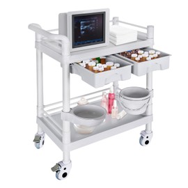 Enocreay Medical Mobile Trolley Cart 2-Shelf 220 LBS Max Load Rolling Utility Cart Heavy Duty Beauty Salon Storage Cart with Drawers Dirt Buckets Rotate Wheels 2 Brake for Hospital Dental Clinic Home