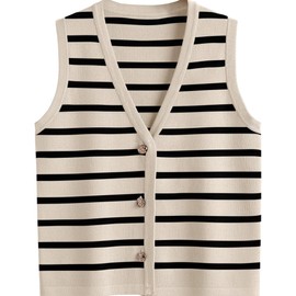 TUREAU Womens Knit Striped Sweater Vest Preppy Style Fall Crochet Cropped Button Up Work Tank Top Y2K Business Casual Outfits(M,Apricot)