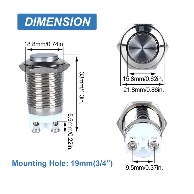DMWD 2-Pack 19mm Latching Metal Waterproof Push Button Switch ON-Off