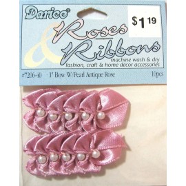 DARICE MINIATURE ANTIQUE ROSE RIBBON BOWS WITH PEARLS - 1 INCH - 10 PIECE PACKAGE