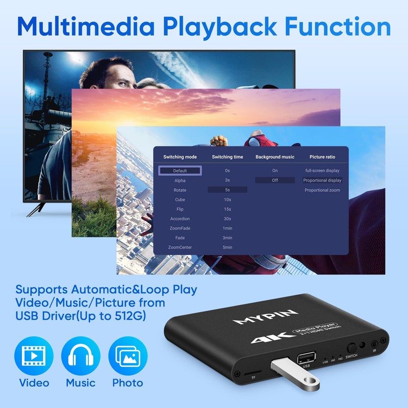 4K@30 Media Player with 2 in 1 Out HDMI Switch