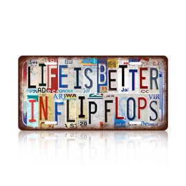 Vintage License Plate Wall Decor Life is Better In Flip Flops Metal Tin Sign For Bar Home 12 x 6 Inches