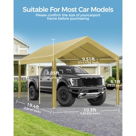 10x20 FT Heavy Duty Carport Replacement Canopy Cover, Durable Waterproof Tarp Shelter Top for Car, Garage, or Outdoor Use, Beige Color with Ball Bungees for Secure Fit