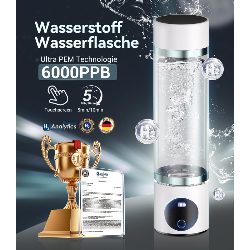 Hydrogen Water Bottle 6000PPB Ultra PEM Technology: Second Generation SPE