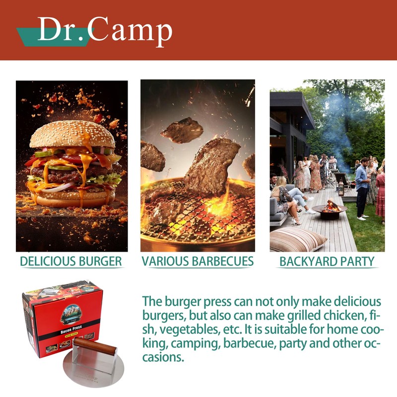 Dr.Camp 7 INCH Stainless Steel Smash,Burger Press,Burger Smasher,Hamburger Press,Patty Smasher,